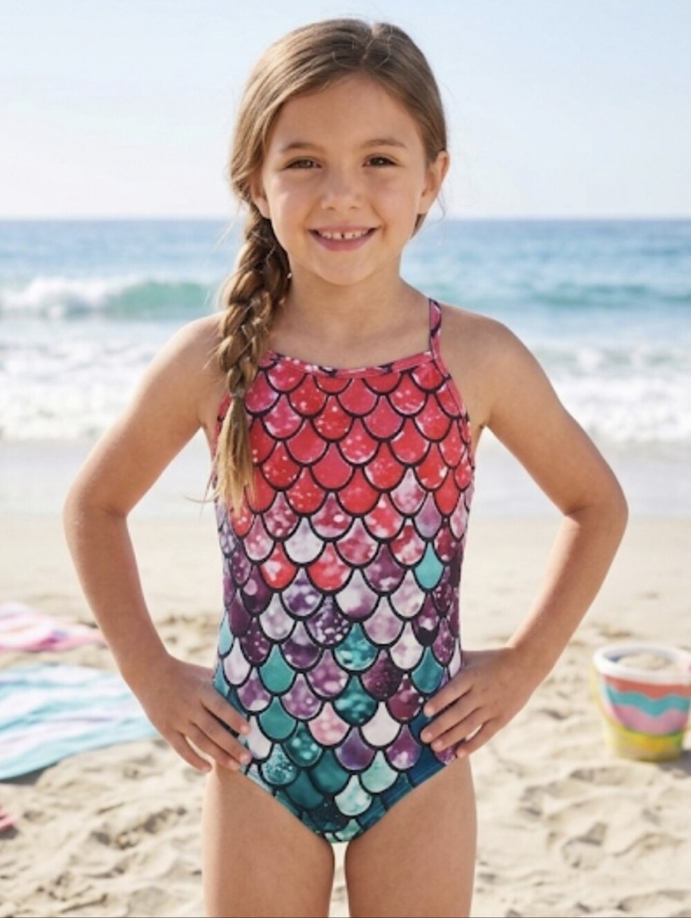 Honisen girls' one-piece swimsuit with a multicolored mermaid scale pattern